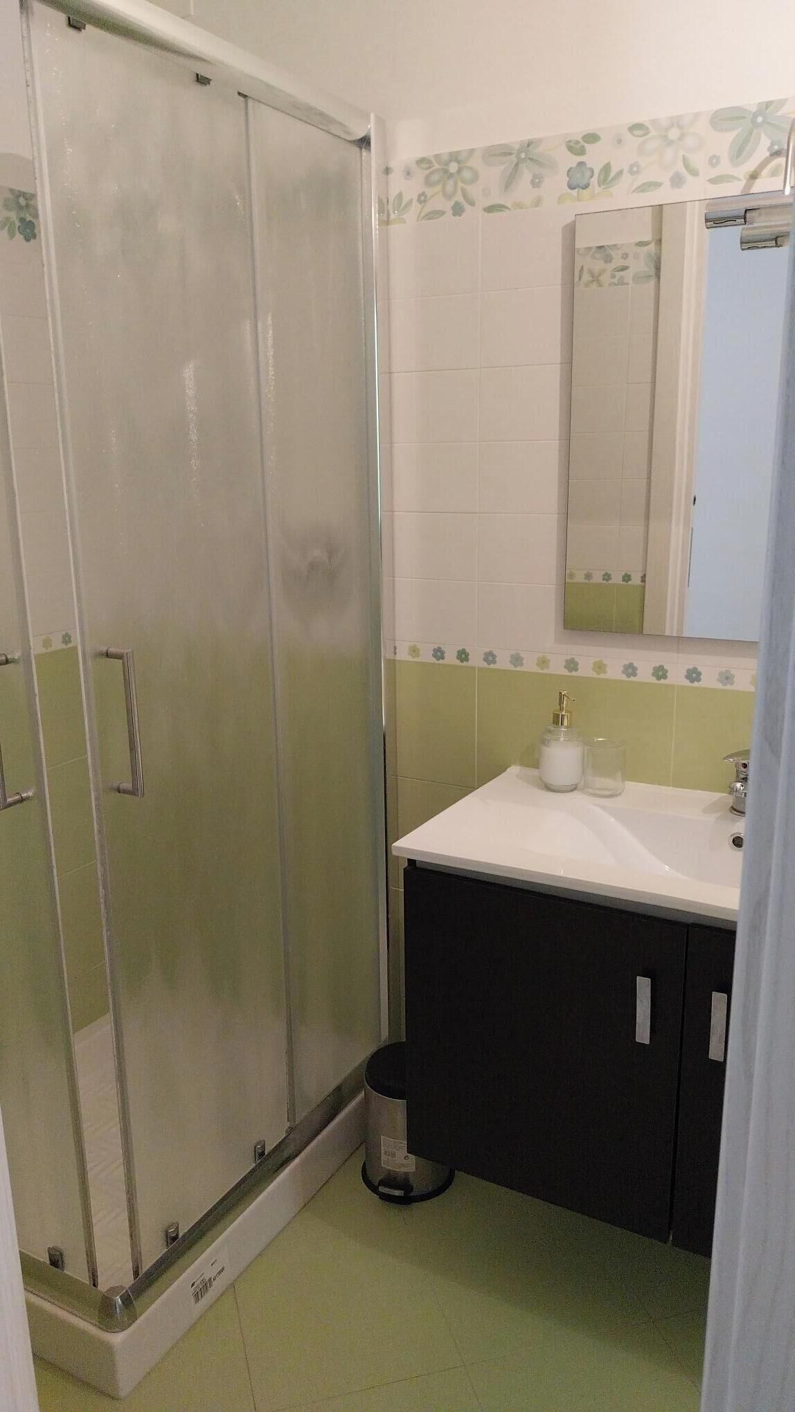 A bathroom with a glass-enclosed shower, a white sink, and a mirror above it.