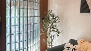 A room with a curved glass partition, a green sofa with a face pillow, a small table, and a potted plant. - Charming 3-bedroom house with AC, WiFi in marvelous Bangkok (Krung Thep Maha Nakhon)