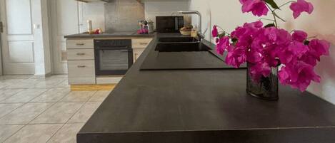 Fridge, microwave, stovetop, coffee/tea maker