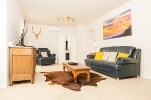 A living room with a sofa, armchair, wooden cabinet, and a cowhide rug.