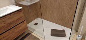 Regadera, secadora de cabello, papel de baño 