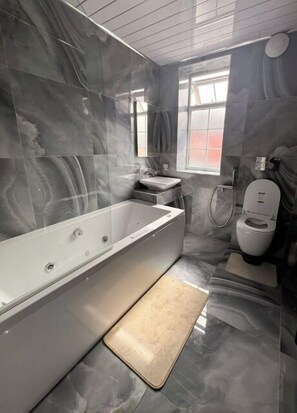 Hair dryer, towels, toilet paper