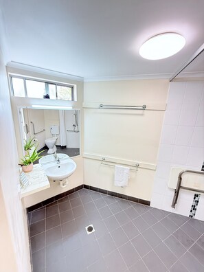 Shower, towels, soap, toilet paper