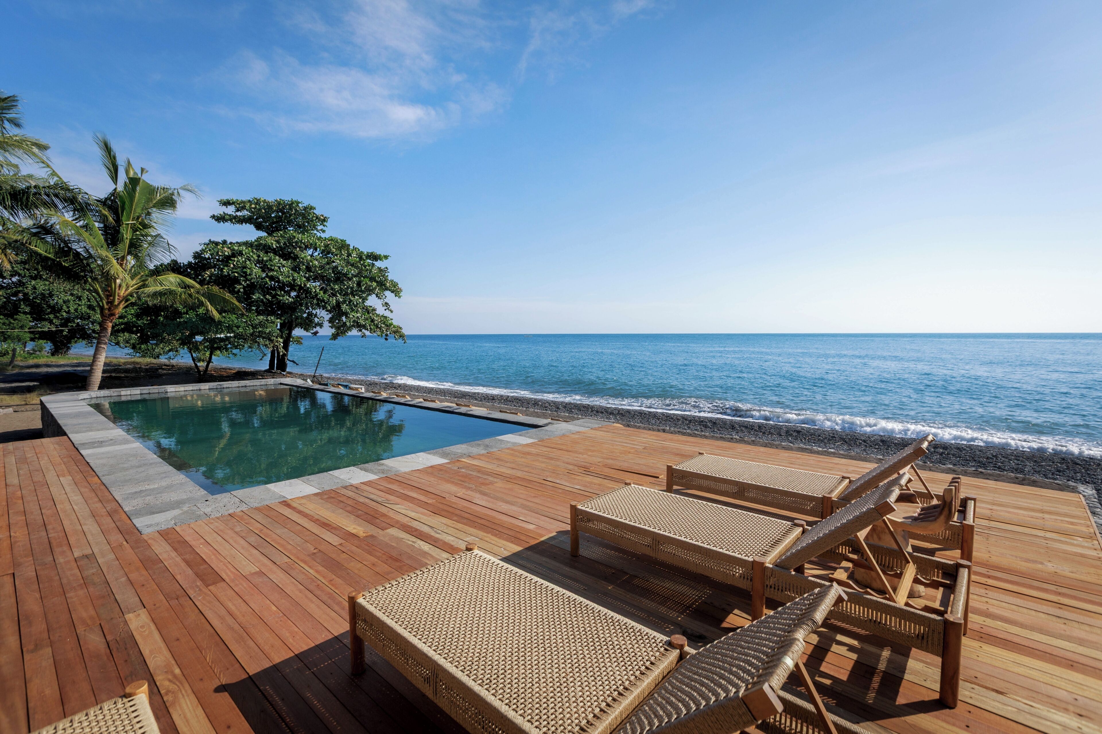 Outdoor pool, pool umbrellas, pool loungers