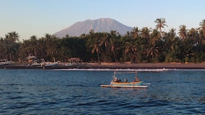 A boat on calm water with a mountain in the background and palm trees along the shore. - Vela Tianyar Boutique Resort By Dhananjaya Hospitality (Kubu)