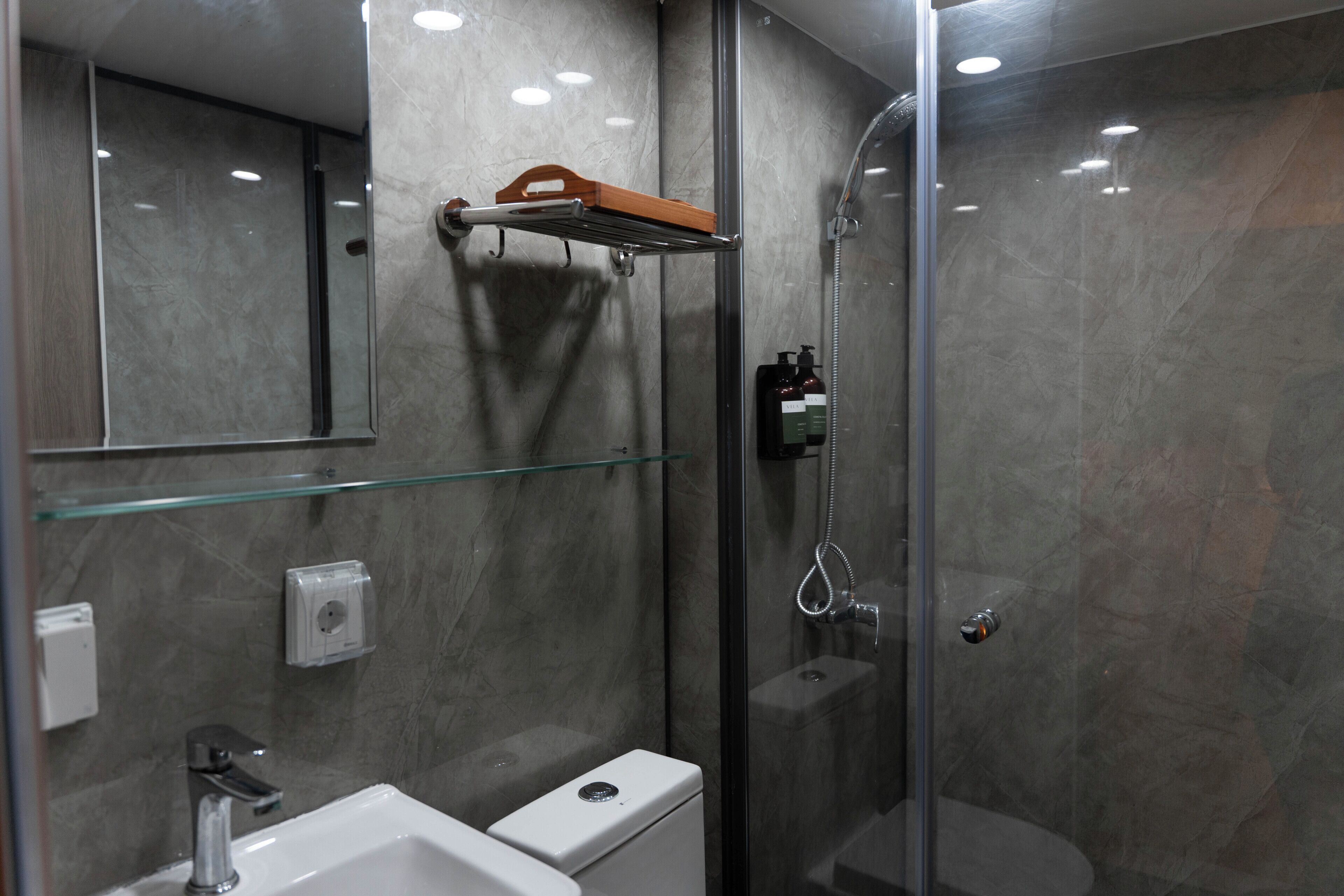 A modern bathroom with a glass shower enclosure, a glass shelf, a toilet, and a sink.