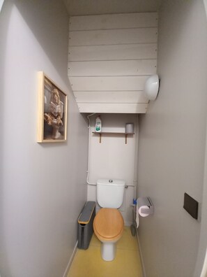 A small bathroom with a toilet, a trash bin, a shelf with toiletry items, and a framed picture on the wall. - STUDIO BARBOTAN-LES-THERMES (Cazaubon)