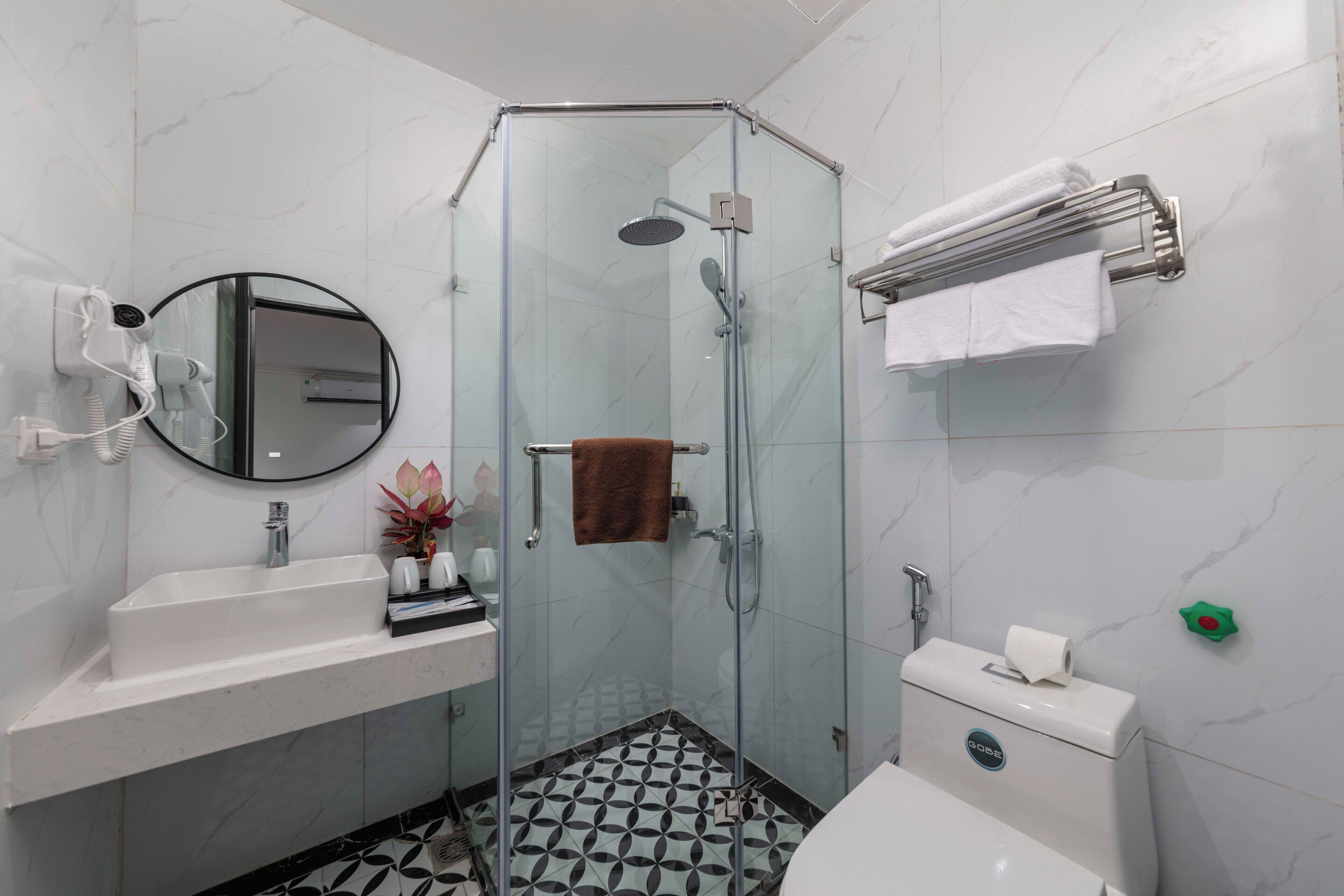 A modern bathroom with a glass-enclosed shower, a white sink, a toilet, and a mirror.