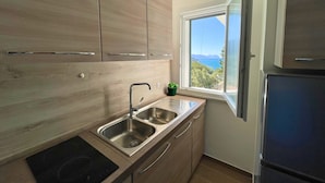 Una cocina moderna con armarios de madera, un lavamanos doble y un ventanal con vistas al mar.