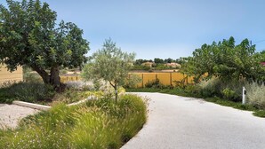 A rural landscape with a gravel path, olive trees, and a fence. - Villa Bel Prato with pool - My Rental Homes (Modica)