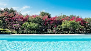 Una piscina azul cristalina rodeada de exuberante follaje y flores rosadas vibrantes.