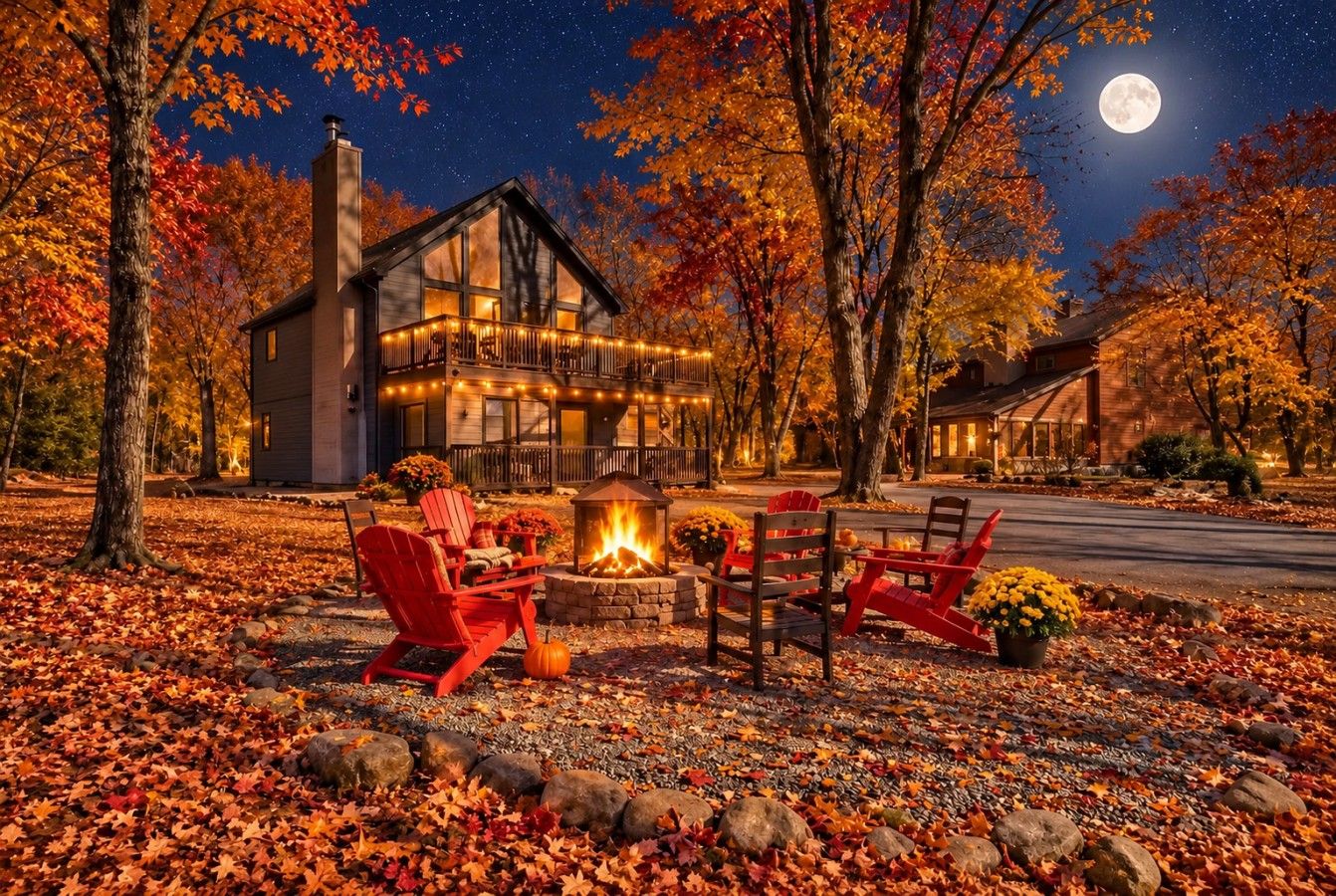 Un espacio al aire libre acogedor con una chimenea, rodeado de hojas otoñales y árboles.