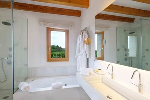 Shower, jetted tub, hair dryer