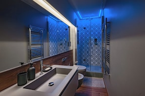 Shower, hair dryer, bidet, towels