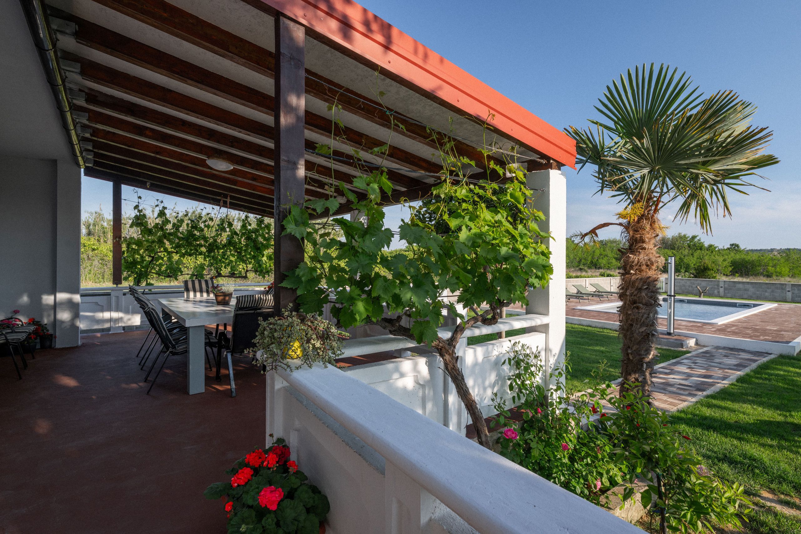 An outdoor patio with a covered seating area, a palm tree, and a view of a swimming pool.