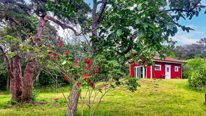 A red house with a white door and windows, surrounded by green grass and trees. - 2 bedroom awesome home in Visby (Visby)