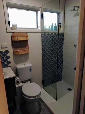 Douche, sèche-cheveux, serviettes fournies, savon