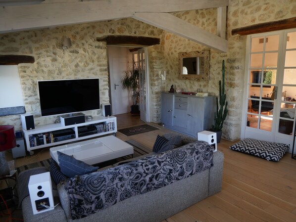 Smart TV, DVD player, books, video library