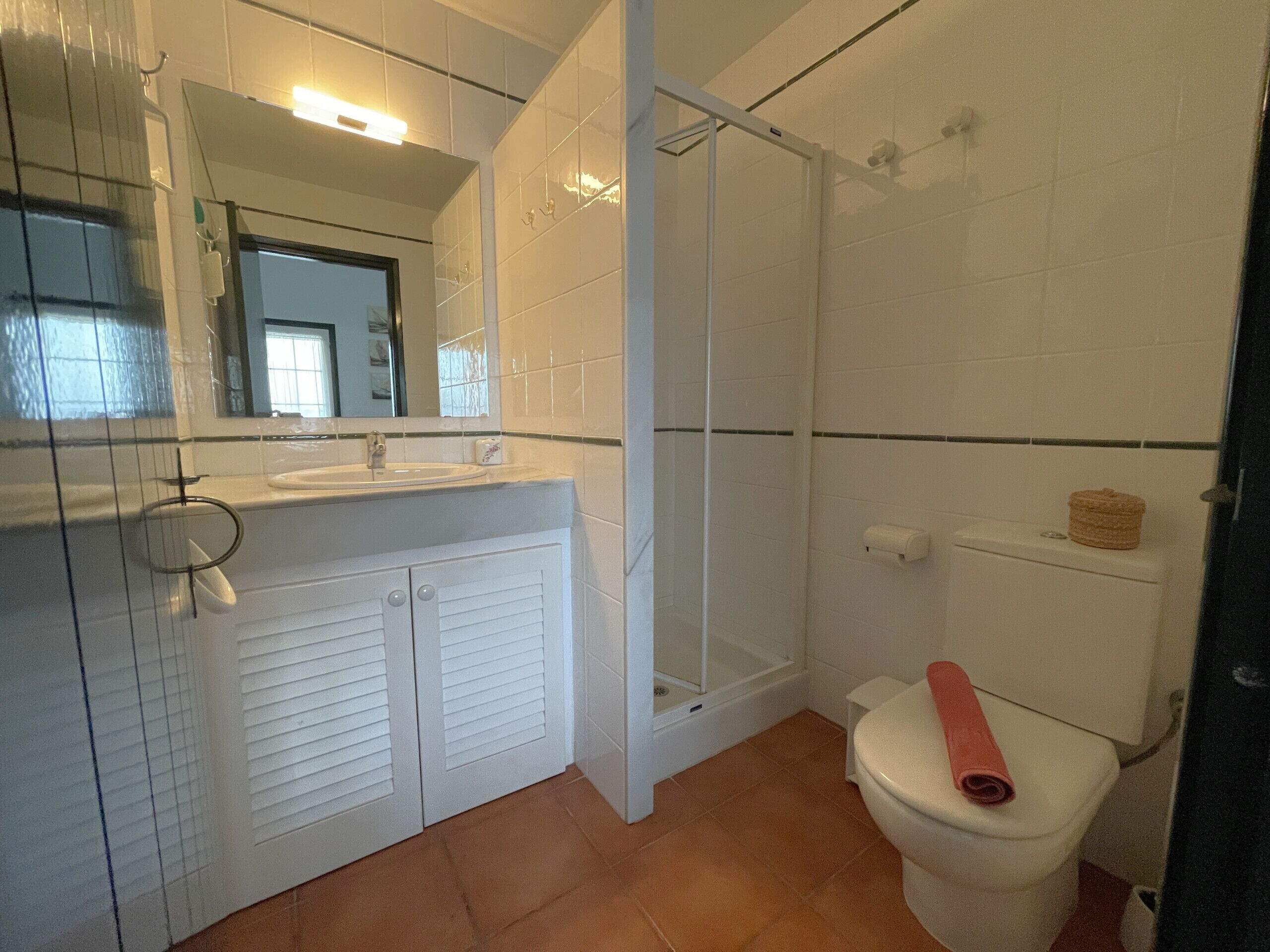 Een badkamer met douche, toilet en wastafel.