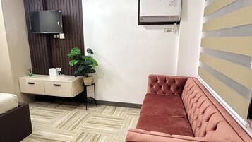 A modern living room with a beige sofa, a brown couch, a flat-screen TV mounted on a dark wooden wall, an air conditioning unit, and a potted plant.