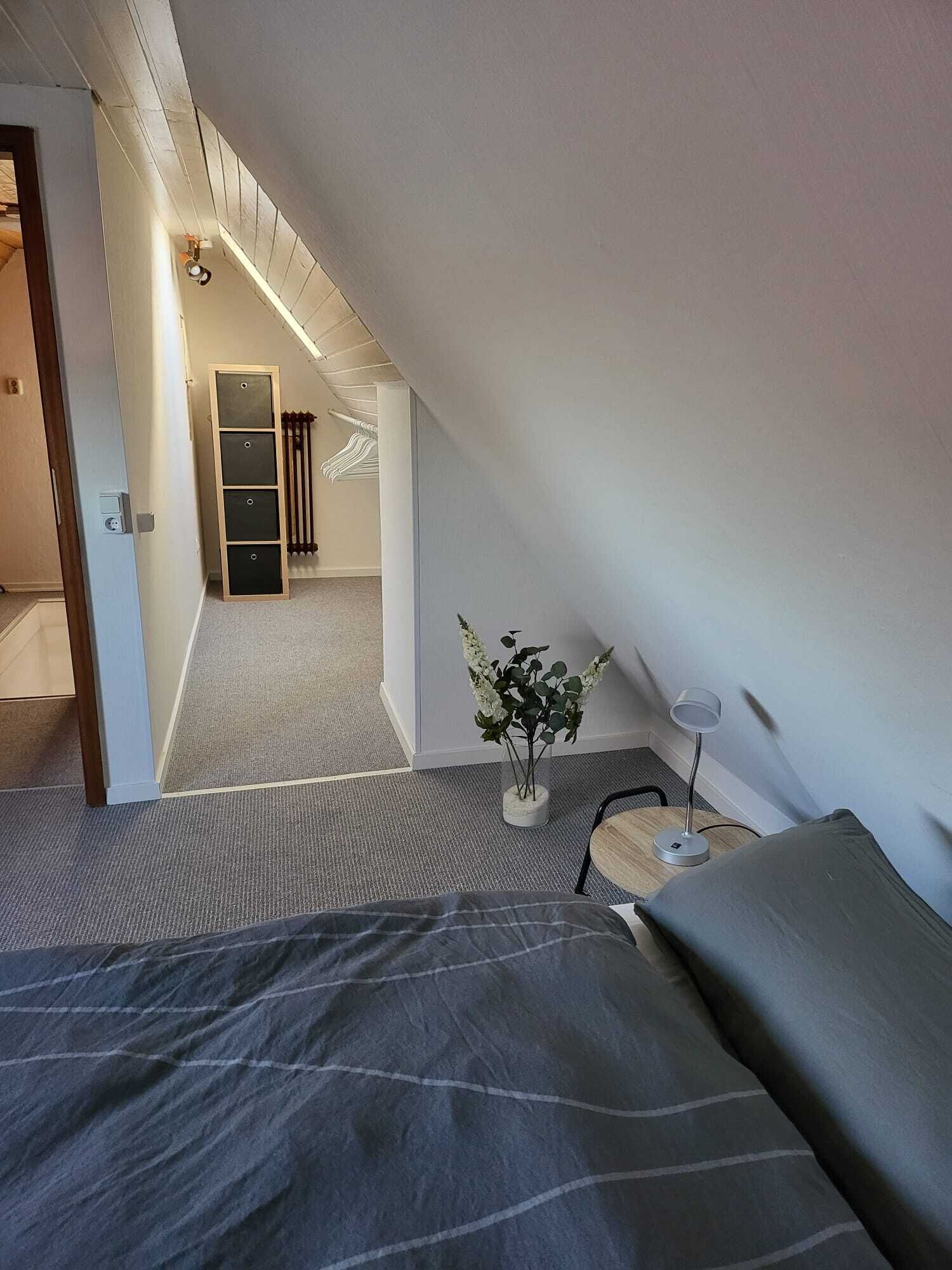 A bedroom with a bed, a bedside table with a lamp, a small plant, and a view of a hallway with a radiator and hanging clothes.