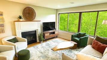 TV connectée, cheminée, jeux vidéo, livres