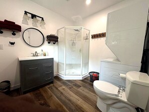 Shower, towels, soap, toilet paper