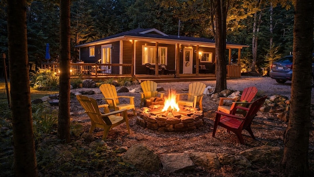 A cabin with a fire pit and Adirondack chairs in a forest setting. - Peninsula Perch: Water & Trails (Wiarton)