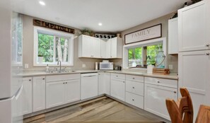 Fridge, microwave, stovetop, cookware/dishes/utensils