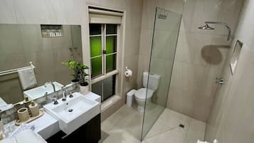 Shower, towels, soap, shampoo