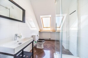 Shower, hair dryer, towels, toilet paper