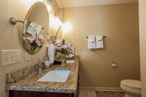 Hair dryer, towels, soap, toilet paper