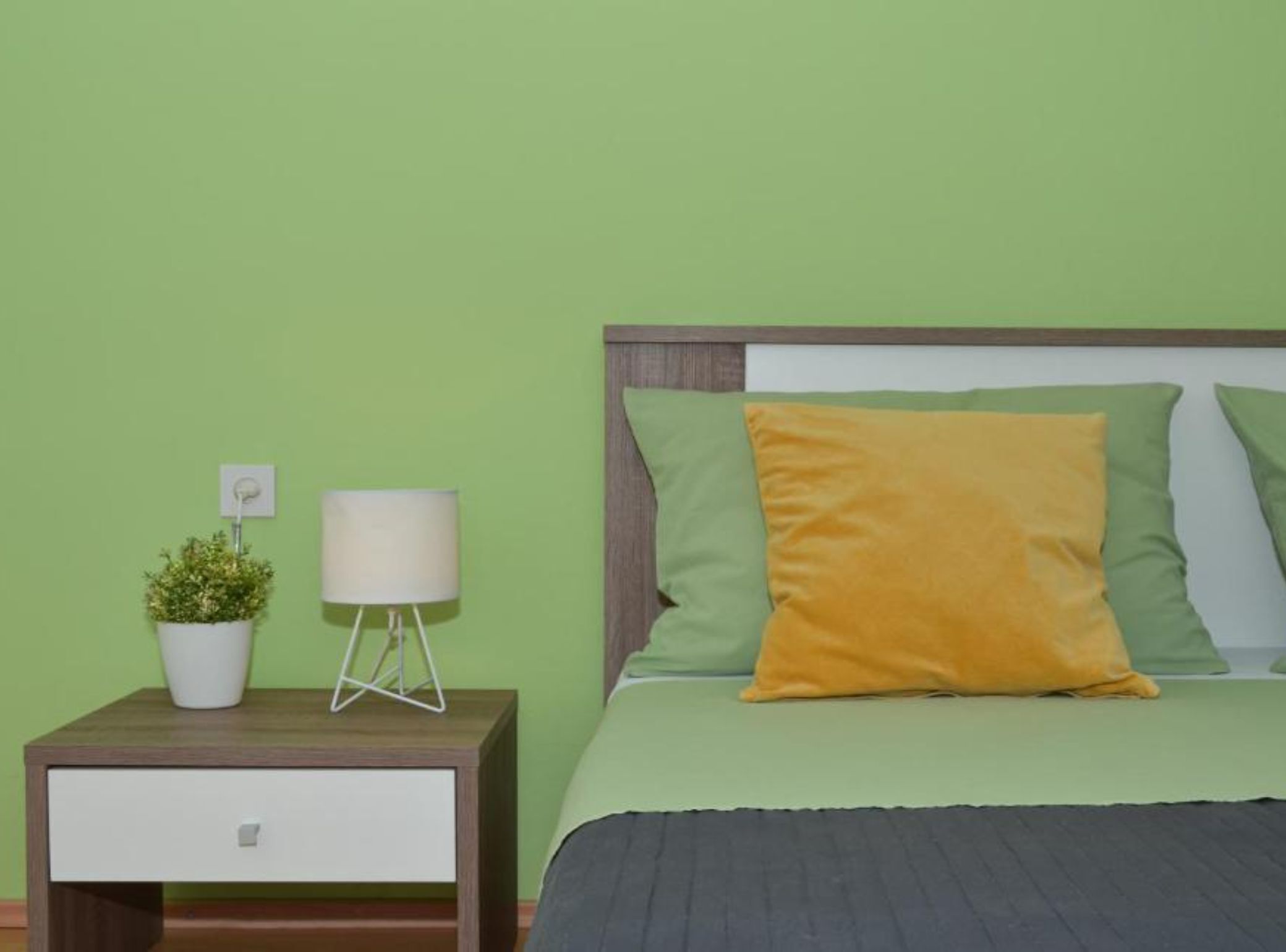 A neatly arranged bedroom with a green wall, a wooden nightstand with a white lamp, a potted plant, and a bed with green and yellow pillows.