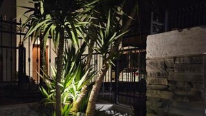 A courtyard with a palm tree, a stone wall, and a metal gate. - Perla Charming Apartment No1 (Kastela)