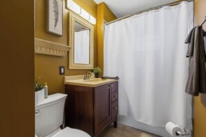 Hair dryer, towels, soap, shampoo