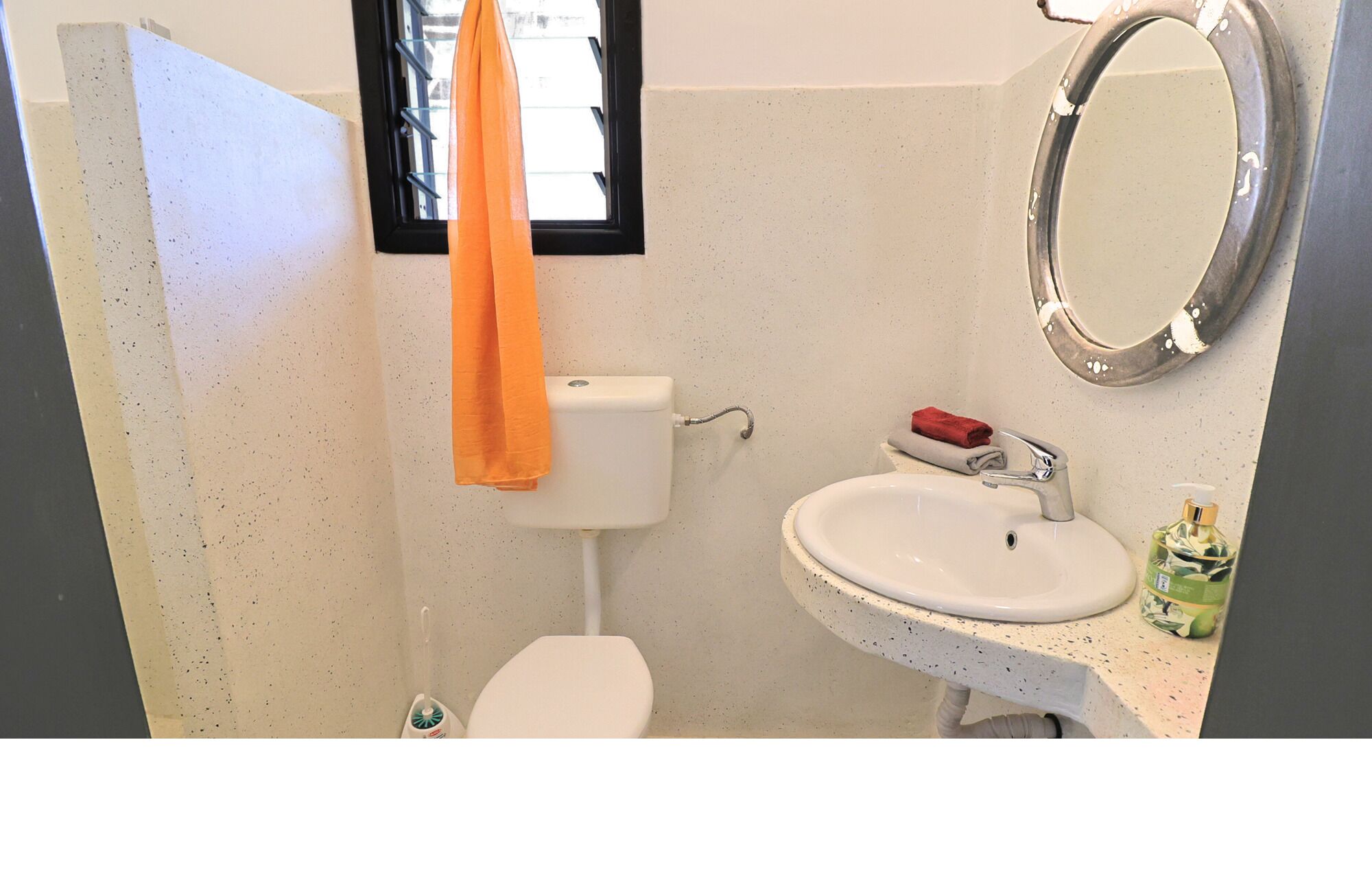 A bathroom with a toilet, sink, and mirror.