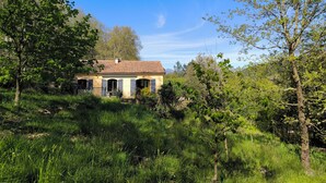 A rustic house surrounded by lush greenery and trees.