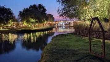 Relax by the serene water body, where a rustic swing invites leisurely moments and string lights create a warm ambiance.