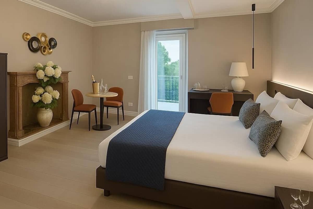 A hotel room with a large bed, a desk, a chair, a fireplace, and a balcony with a view.