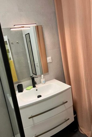 Shower, hair dryer, towels