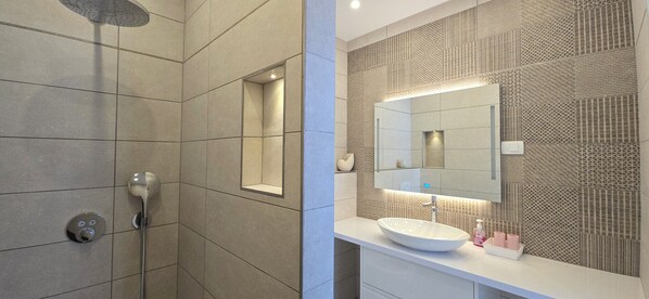 Shower, hair dryer, towels, soap