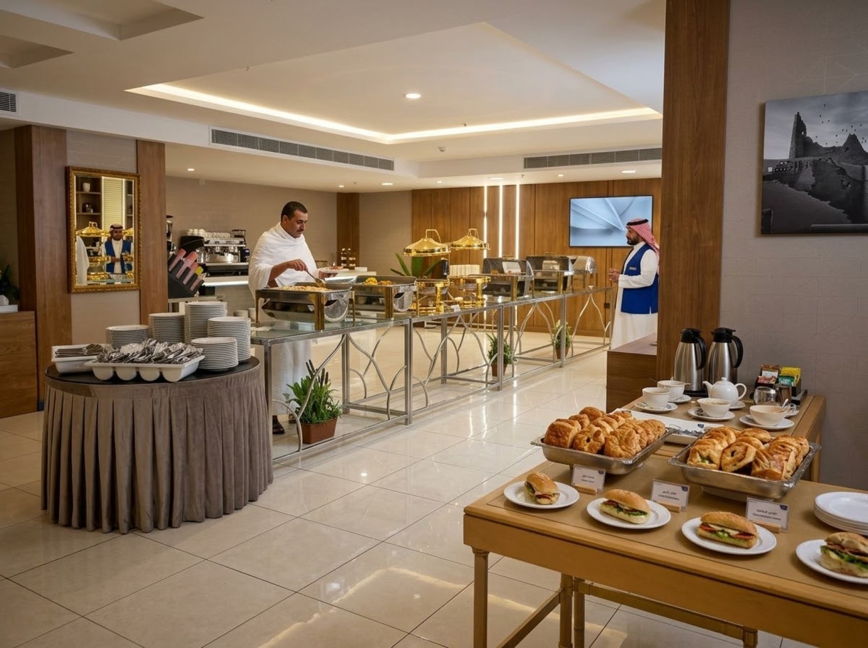 A buffet setup with various food items and a chef preparing food.