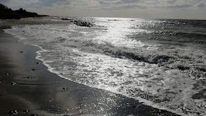 En strand med bølger, klar himmel og en fjerntliggende kystlinje.