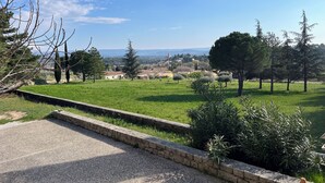 Ländliche Landschaft mit einem Steinweg, der zu einem grünen Feld führt, umgeben von Bäumen und Gebäuden in der Ferne.