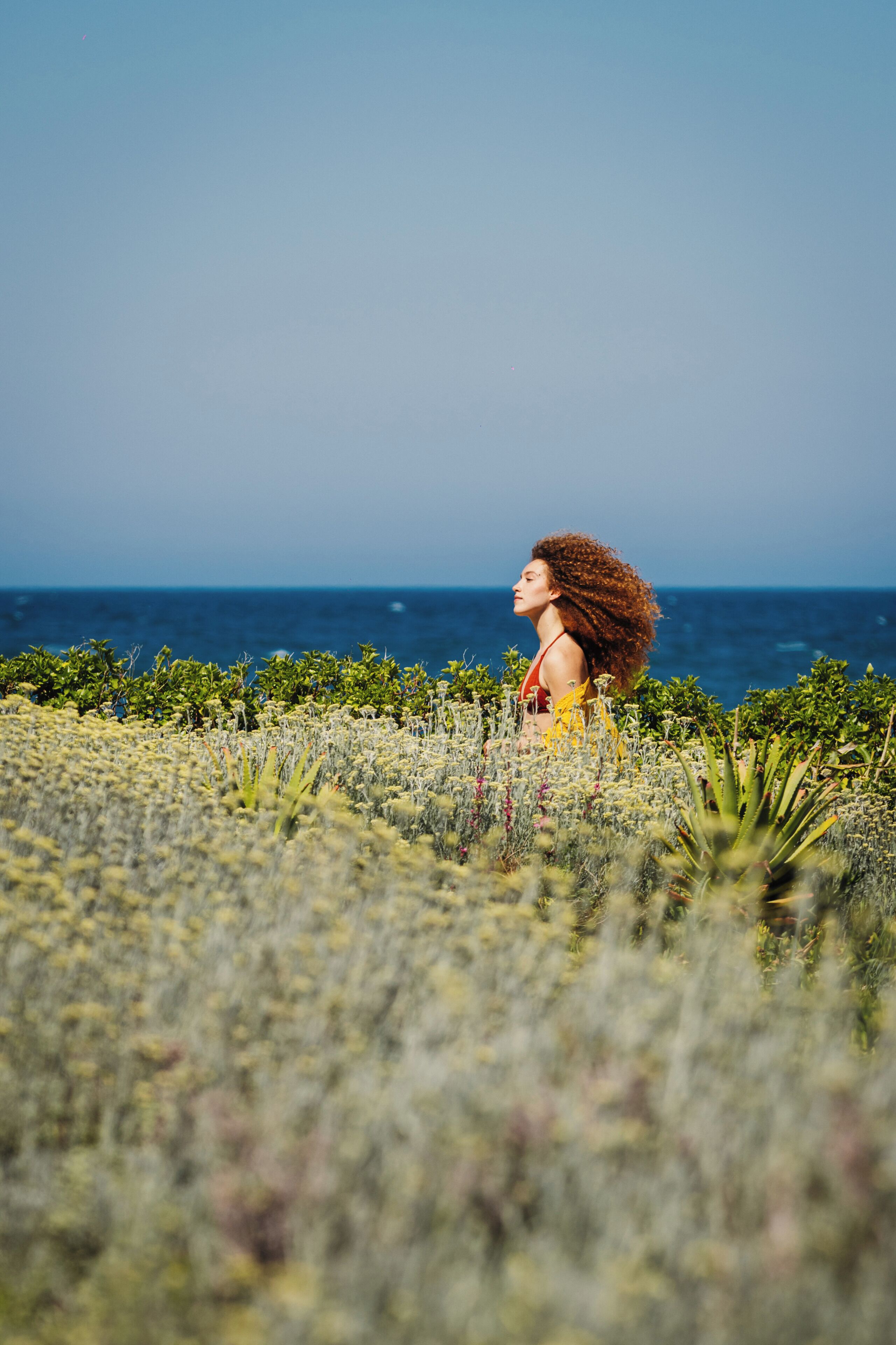 A person standing in a field with a view of the ocean.