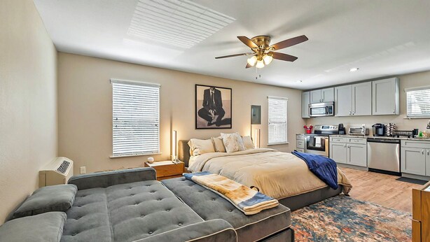 A bedroom with a large bed, a sofa, a ceiling fan, and a kitchen area with cabinets and appliances.