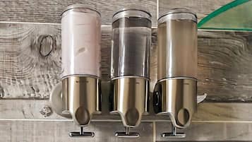 Hair dryer, towels, soap, shampoo