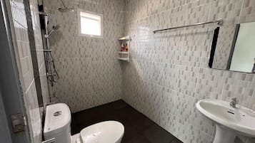 Shower, free toiletries, hair dryer, slippers