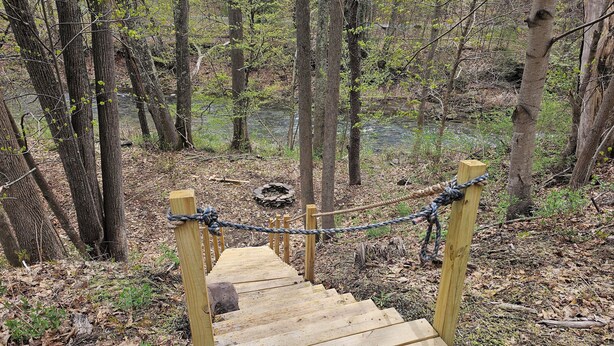 Eine Holztreppe führt in einen bewaldeten Bereich, oben ist eine Kettenbarriere angebracht.