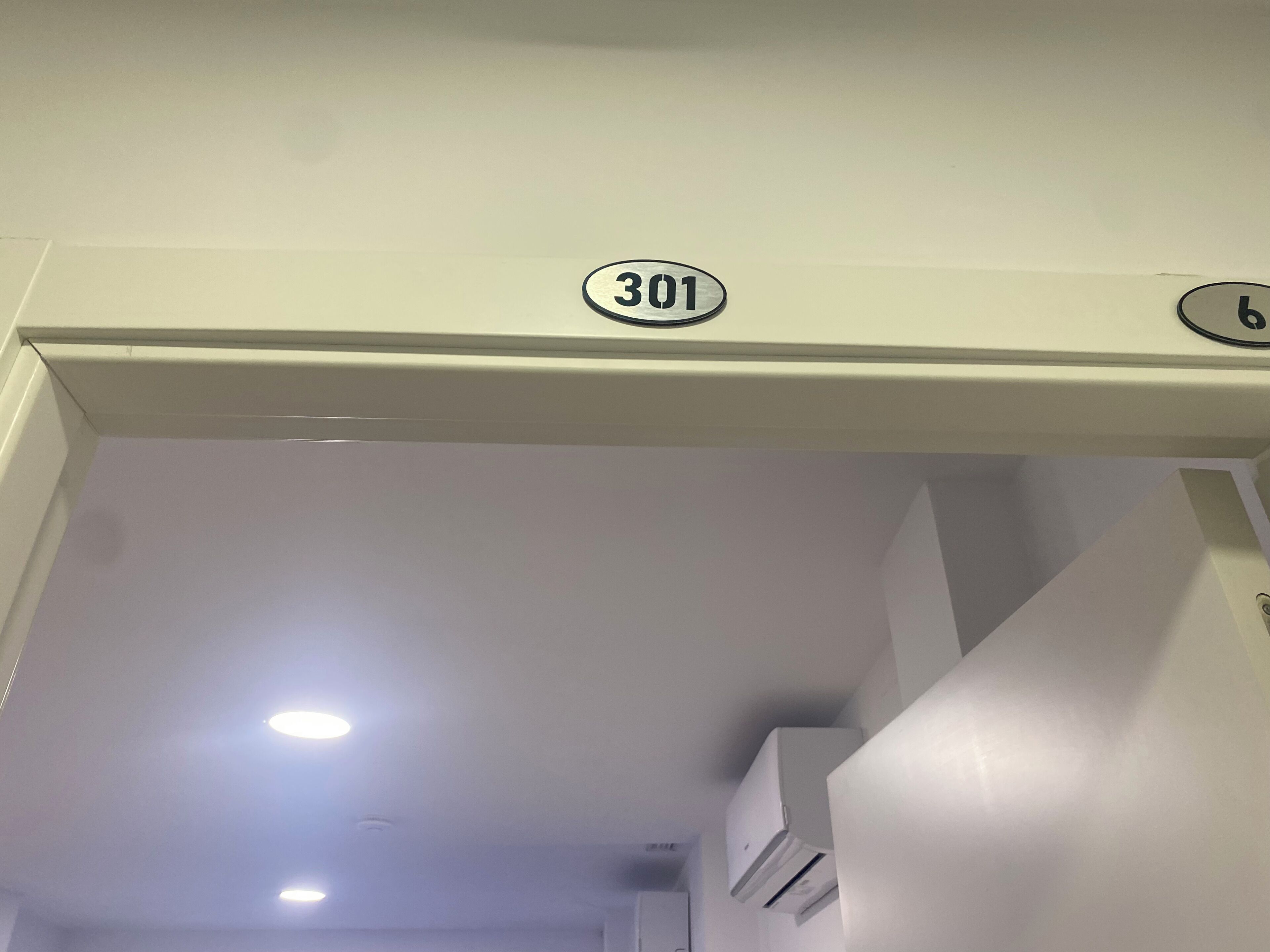 Una habitación con una lámpara en el techo, un equipo de aire acondicionado y una puerta con el número 301 visible.